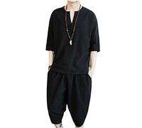 Runyue Uomo Taglia Larga Stile Giapponese Manica Corta T-Shirt in Lino + Pantaloni Tuta Sportiva Nero S