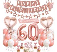 Runyuzi Palloncino per 60° compleanno, decorazione da donna, oro rosa, 60° compleanno, festone e stelle, ghirlanda, numero corona, cuore, palloncini in pellicola, decorazione per torte per 60 anni