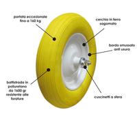 RUOTA CARRIOLA ANTIFORATURA GOMMA PIENA PU CON CUSCINETTI A SFERA ASSE LUNGO