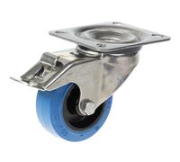 Ruota girevole/frenante in acciaio inox da 80 mm con gomma elastica blu su suppo
