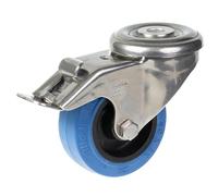 Ruota girevole/frenante in acciaio inox da 80 mm con gomma elastica blu su suppo