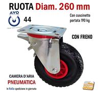 RUOTA PNEUMATICA D260 CON PIASTRA 200x160 AVO 44 GIREVOLE FISSA X CARRELLI