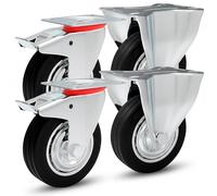 Ruote per carichi pesanti 4 pezzi| 2 x ruote fisse e 2 x ruote pivotanti con freno | diametro da 75 mm a 200 mm | Gomma nera | Gomma piena con cerchione in acciaio, Ø 200 mm