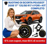 Ruotino di Scorta Peugeot 2008 17” 135/80 R17 4 Fori + Kit Cric Chiave Sacca