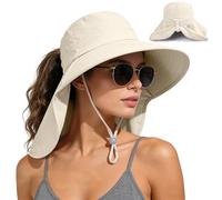 Ruqizhi Cappelli da sole da donna con patta per il collo, foro per coda di cavallo, cappelli da sole arrotolabili con protezione UV cappelli da pesca a tesa larga UPF 50+, Beige, 6 3/4-6 7/8