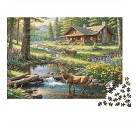 Ruscello dei cervi nella capanna nella foresta Puzzles 1000 Pezzi Carta riciclata per adulti Puzzle per adulti Gioco familiare divertente e stimolante per donne e uomini 52x38cm/1000pcs
