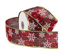 RUSPEPA Nastro Da Viaggio Natalizio Cablato - Nastro Di Tela Da Plaid Rosso E Verde Con Disegno A Fiocco Di Neve Bianco - 63 mm X 22 m Ogni Rotolo - Bordo Cablato Oro