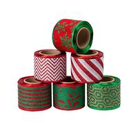 RUSPEPA Nastro Natalizio In Tela Metallica - Set Di Nastri In Tessuto Con Bordi Decorativi Per Artigianato Fai-Da-Te E Confezioni Regalo - 6 Rotoli - Bobina Da 63 mm X 5 Yard - Rosso E Verde
