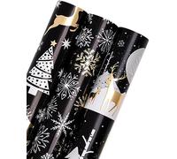 RUSPEPA Rotolo Di Carta Da Regalo Natalizio - Mini Rotolo - 3 Rotoli - 43,2X305 Cm Per Rotolo - Famiglia Di Renne Nere E Oro, Collezione Di Fiocchi Di Neve Con Lamina Metallica Brillante