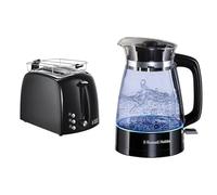 Russell Hobbs Classics Bollitore, Caraffa in Vetro, Illuminazione Interna Blu, Base Girevole a 360° & 22601 56 Tostapane, 850 W, Strato Esterno in Plastica, 2 Scomparti, Nero