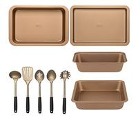 Russell Hobbs COMBO-8321 Oven Tray Set & Kitchen Utensils, Roaster, Baking Tray, Square Pan, Loaf Tin, Non-Stick Carbon Steel Cooking Tins, Easy Clean Stainless Steel Tools, Opulence Collection, Gold