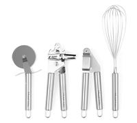Russell Hobbs RH00124EU - Set di 4 utensili da cucina con rotella tagliapizza, frusta, apriscatole e spremi/trita aglio; facile da pulire, finitura a specchio, acciaio inox