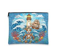 Russell Terrier, trousse per trucchi con cane nautico, faro e navi, borsa da viaggio per donne, regali per ragazze, organizer portatile con cerniera in tela piccola per animali domestici, 17,8 x 22,9