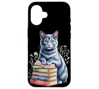 Russian Blue Cat Bookworm Flowers Book Reading Books Custodia per iPhone 16