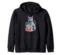 Russian Blue Cat Bookworm Flowers Book Reading Books Felpa con Cappuccio