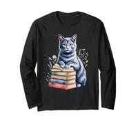 Russian Blue Cat Bookworm Flowers Book Reading Books Maglia a Manica