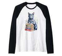Russian Blue Cat Bookworm Flowers Book Reading Books Maglia con Maniche Raglan