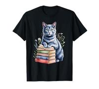 Russian Blue Cat Bookworm Flowers Book Reading Books Maglietta