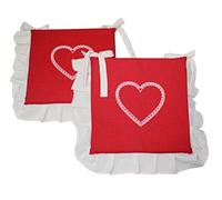 Russo Tessuti Coppia 2 Cuscini Sedie Cucina Coprisedia Laccetti Volant Cuore Stampa Bonheur-Rosso