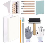Rustark Kit di 24 strumenti per la stampa a blocchi con pietra per affilare, blocco per timbri, strumenti per intagliare, carta da lucido, matita, guanti, gomma e raschietto, kit per la creazione di
