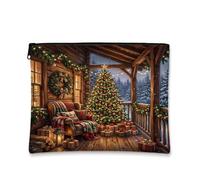 Rustic Cabin - Trousse per trucchi, motivo: albero di Natale, 18 x 22 cm | Portico rustico della cabina, borsa cosmetica, luci calde della stringa, paesaggio invernale, poltrona accogliente