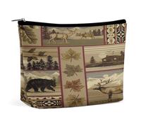 Rustic Cabin Wild Alce Cervo Orso Check Plaid Pattern Borsa cosmetica portatile Borsa portaoggetti multifunzione Borsa per il trucco in PU, Organizer per cancelleria con cerniera per ufficio di riunio