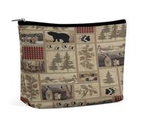 Rustic Cabin Wild Alce Cervo Orso Check Plaid Pattern Borsa cosmetica portatile Borsa portaoggetti multifunzione Borsa per il trucco in PU, Organizer per cancelleria con cerniera per ufficio di riunio
