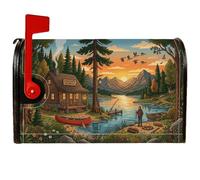 Rustic Cabin Wilderness Scene - Coperture magnetiche per cassette postali | Paesaggio naturale, involucri per cassette postali, pescatore, lago, paesaggio montano, tema deserto