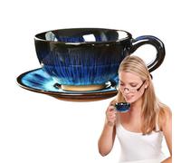 Rustic Ceramic Coffee Mug, Japanese Style Mug and Saucer Set, 150ml Vintage Stoneware Cup with Kiln-Changing Glaze, Latte Cup for Lovers, Parents, Friends, Japanese Inspired Coffee Set, 4.72x1.97 Inch