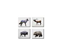 Rustic Elk, Bison, Wolf and Bear Landscape Set; Cabin Lodge Decor; Four 10x8in MDF Mounted Prints