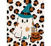 Rustic Fall Leopard-Print Ghost & Coffee Journal - Cute Halloween Notebook, Cozy Autumn Writing, Lined Wide-Ruled Pages for Notes, Daily Journaling, School, and Gifts