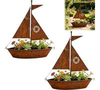 Rustic Iron Sailboat Planter, Vintage Nautical Flower Pot, Metal Art 3D Decor with Planter Function Nautical Garden Decor for Porch Patios Lake House, Natural Rust Finish