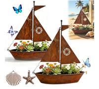 Rustic Sailboat Metal Planter, Metal Art 3D Decor with Planter Function, Handcrafted Sailboat Planters, Weather-Resistant Succulents, Flowers - Charming Garden or Shelf Decor (2pcs)