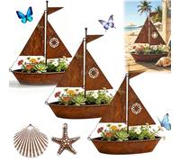 Rustic Sailboat Metal Planter, Metal Art 3D Decor with Planter Function, Handcrafted Sailboat Planters, Weather-Resistant Succulents, Flowers - Charming Garden or Shelf Decor (3pcs)
