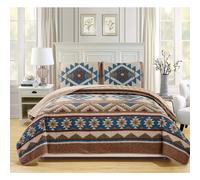 Rustic Western Southwestern Native American Tribal Navajo Design Oversized Bedspread Quilt Set in Beige Taupe Brown Blue Green Austin Taupe King/Calif