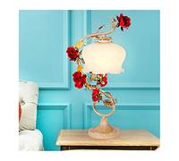 Rustiche Lampada da tavolo Eleganti Fiori Lampada da Scrivania con Ferro Battuto Rosso Rosa Fiori Art Deco Vetro Paralume Anticato Metallo Base per Studio Ufficio Camera da letto Soggiorno