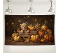 Rustico autunno Harvest Bear sfondo banner 180 x 109 cm | Cassa rustica in legno, sfondo fotografico, zucche del raccolto, steli di grano secco, accenti di pigne