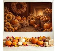 Rustico autunno raccolta camino zucca sfondo banner 180,3 x 109,2 cm | Ambiente rustico del camino, sfondo fotografico, girasoli e mele, tema raccolto, texture calde delle venature del legno