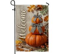Rustico Farmhouse Pumpkins Welcome Fall Garden Flag 30,5 x 45,7 cm | Fiocchi in nastro a quadretti, bandiera per prato, sfondo rustico in legno, tema raccolto, estetica della fattoria