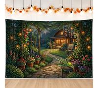 Rustico Garden Cottage Scena Autunno Sfondo Banner 180,3 x 109,2 cm | Sfondo rustico da giardino, fiori in vaso, viti rampicanti, paesaggio di campagna, estetica serena all'aperto