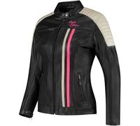 Rusty Stitches Alice Giacca in pelle da moto da donna, nero-grigio-rosa, taglia 40 per donne