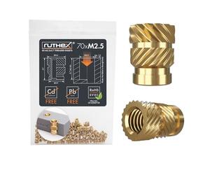 ruthex Inserto filettato M2,5-70 pezzi RX-M2,5x5.7- Boccole filettata in ottone- dado di inserimento per parti plastica - utilizzabile in parti in plastica stampate in 3D tramite calore o ultrasuoni