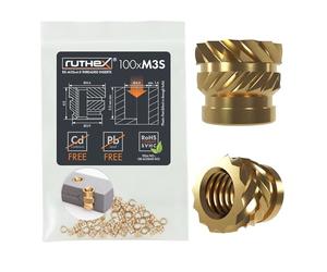 ruthex Inserto filettato M3S SHORT - 100 pezzi RX-M3x4,0- Boccola filettata in ottone -dado di inserimento per parti in plastica - utilizzabile in parti in plastica stampate in 3D tramite calore
