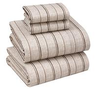 RUVANTI 100% Cotton Sheets Queen Size Set, 4 Pieces, Soft & Breathable Percale Weave Bedding, Deep Pocket 16", Hotel Standard, Crisp Cool Feeling, Durable, Perfect Striped Bed Sheet, Brown Stripes