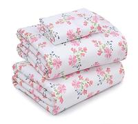 Ruvanti Set di 3 lenzuola di cotone per letto matrimoniale XL, traspiranti e resistenti, in percalle, 40,6 cm, motivo floreale rosso e rosa