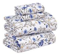 RUVANTI - Set di lenzuola in 100% cotone, per letto queen size, 4 pezzi, morbide e traspiranti, tasca profonda 40,6 cm, qualità da hotel, fresche, resistenti, motivo floreale, motivo pisello selvatico