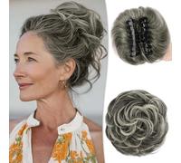 RUWISS Chignon Capelli 100% Umani con Pinza Posticci per Capelli Chignon Ondulato Estensioni per Coda di Cavallo Capelli Umani con Clip per Donne（Punte Nero Misto Grigio e Biondo Platino）