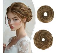 RUWISS Lungo Sottile Dritto Tousled Updo Bun Capelli Umani Veri Pezzi di Capelli Elegante Capelli Chignon Lunga Extension Scrunchie per Donna Ragazze 25g Marrone Chiaro con Riflessi Dorati