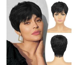 RUWISS Pixie Cut Parrucca di Capelli Humani con Frangia Parrucca di 100% Capelli Humani Neri con Storia Corta Wavy Diversi Stili di Parrucche Corte Naturale per Donne Nere