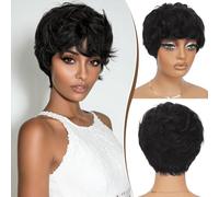 RUWISS Pixie Cut Parrucca di Capelli Neri Veri con Storia Frangia Parrucca di Capelli Umani Naturali Strati Parrucche Corte per Donne Nere (1B#)